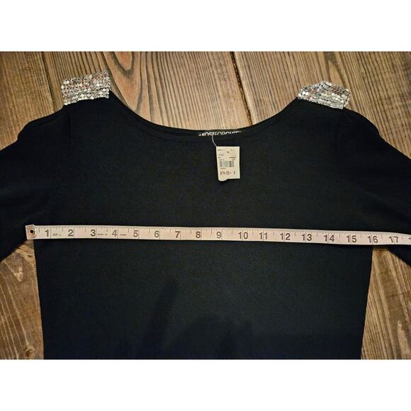 Vintage Y2K 90s Top Medium Black Nylon Spandex Ribbed Flare Cold Shoulder Sequin - Picture 9 of 10